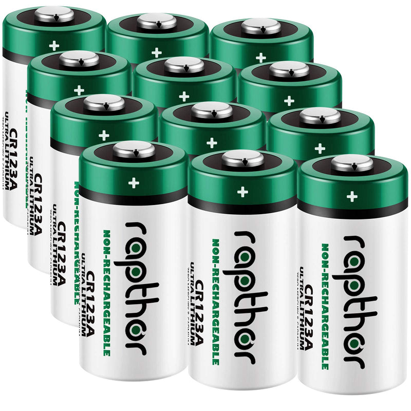 Rapthor CR123A Lithium Batteries 3V 1650mAh, 12 Pack CR17345 High Power 123 Photo Battery CR123 PTC Protected for Cameras Flashlight Alarm Smart Sensors (Non-Rechargeable, Not for Arlo) (Pack of 12)