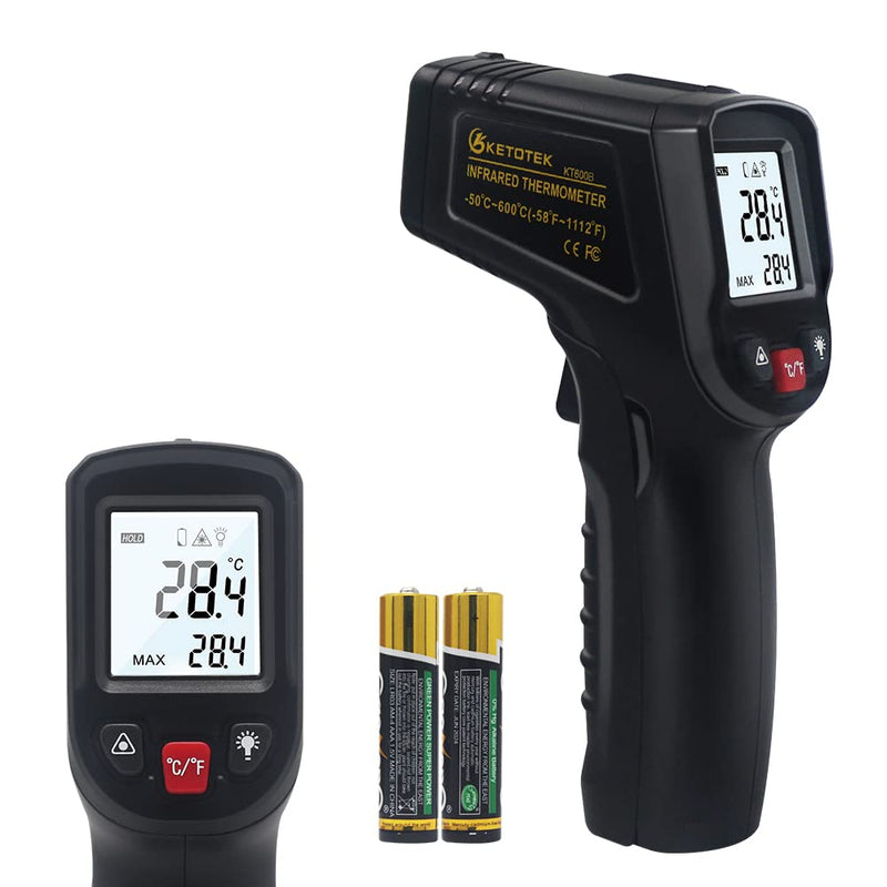 KETOTEK Infrared Thermometer Gun Non Contact Digital Laser Temperature Gun -58℉~1112℉ (-50°C~600°C) Adjustable Emissivity IR Gun for Cooking Food Barbecue Pizza Oven Freezer Fridge Black