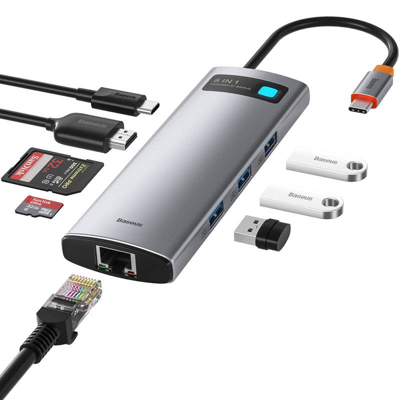 Baseus 8-in-1 USB C Hub Docking Station, USB C Adapter with 4K HDMI, 3 USB 3.0, TF/SD Reader, Ethernet, 100W Power Delivery Compatible with MacBook Pro, Surface Pro, iPad Pro and Other Type C Devices 8 Ports
