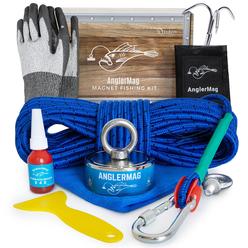 AnglerMag Magnet Fishing Kit, Strong Combined 1250 lb Double Sided Magnetic Fishing Kit with Rope, 10 Piece Complete Set, Fishing Magnet Kit for Salvage & Treasure Hunting in Rivers, Oceans & Lakes