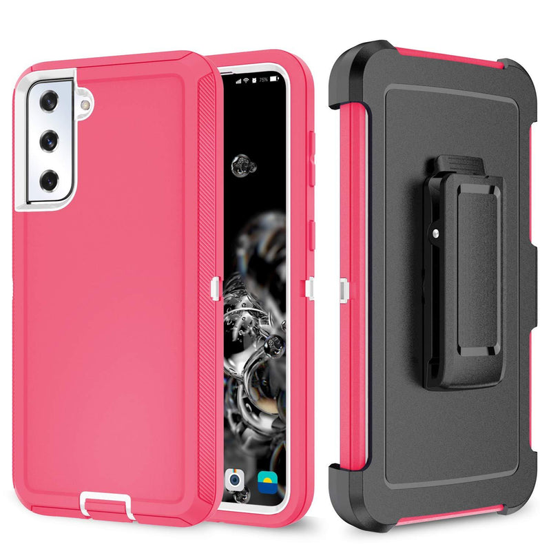 Szfirstey Case with Belt-Clip Holster for Galaxy S21 Drop Full Body Rugged Shock Dust Proof 3-Layer Military Protective Tough Durable Phone Cover Heavy Duty for Samsung S21 (Hot Pink/White) Hot Pink/White