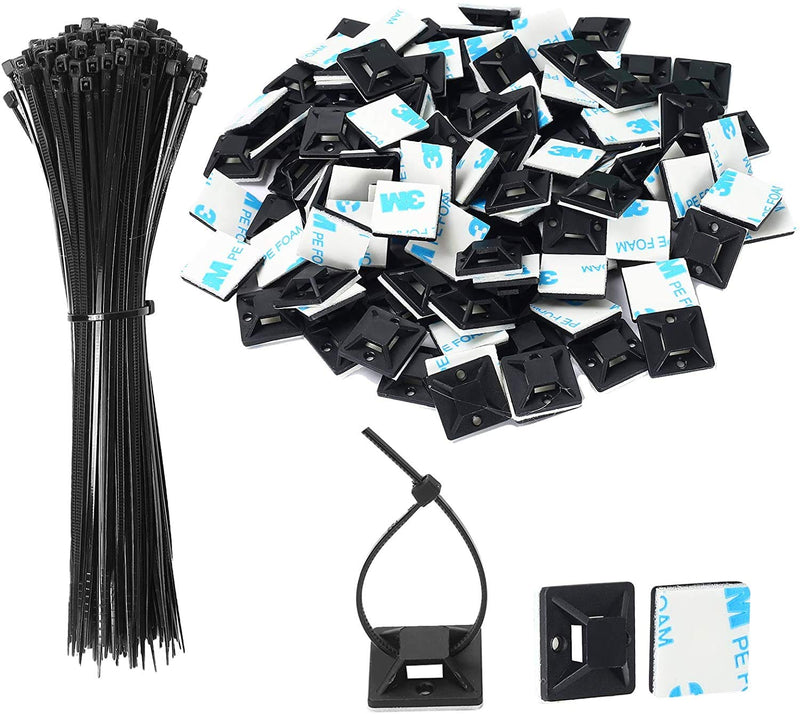 Black Cable Tie Zip Self Adhesive Mounts Set, Cable Base Holders with Multi-Purpose Sticky Pads 100 sets