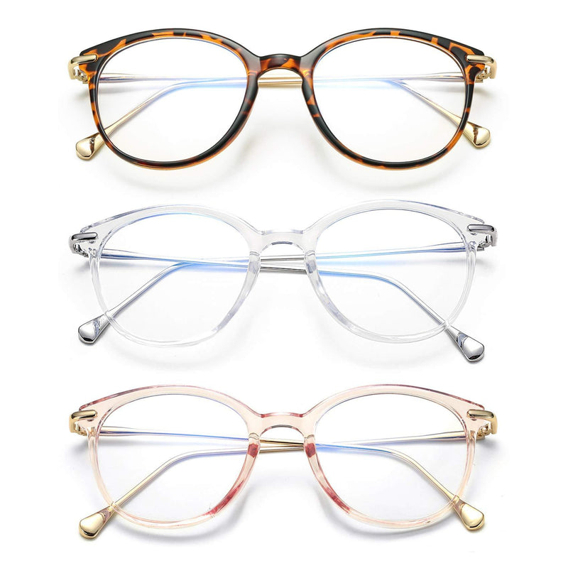 COASION Blue Light Blocking Glasses for Women Vintage Round Anti Blue Ray Computer Game Eyeglasses Small Face B1* (Tortoise/Gold + Transparent/Silver + Clear Pink/Gold) - 3 Pack 48 Millimeters