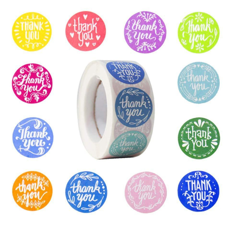 1 Inch Thank You Stickers - 1000pcs Roll, 12 Different Designs & Colors, Great for Decoration Gifts, Baking Store, Party, Small Business and Others 12 colors