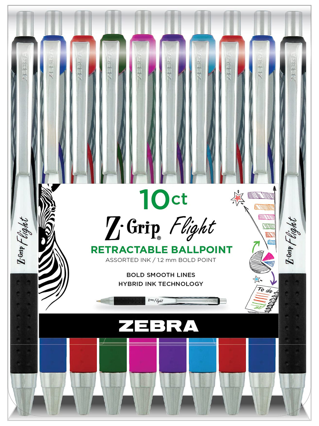 Zebra Pen Z-Grip Flight Retractable Ballpoint Pen, Bold Point, 1.2mm, Assorted Color Ink, 10-Pack (21901)