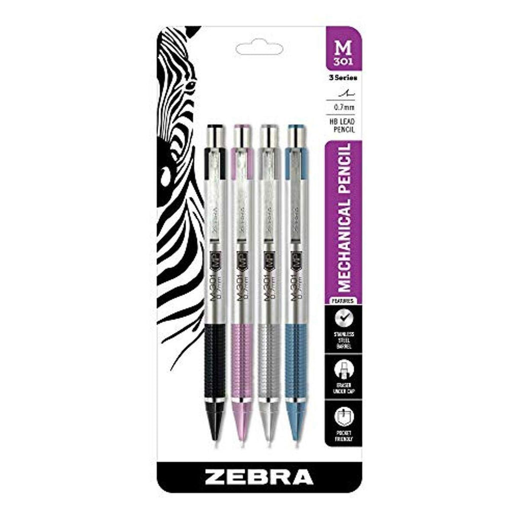 Zebra Pen M-301 Stainless Steel Mechanical Pencil, Premium Metal Barrel in Assorted Colors, Medium Point, 0.7mm, 4-Pack