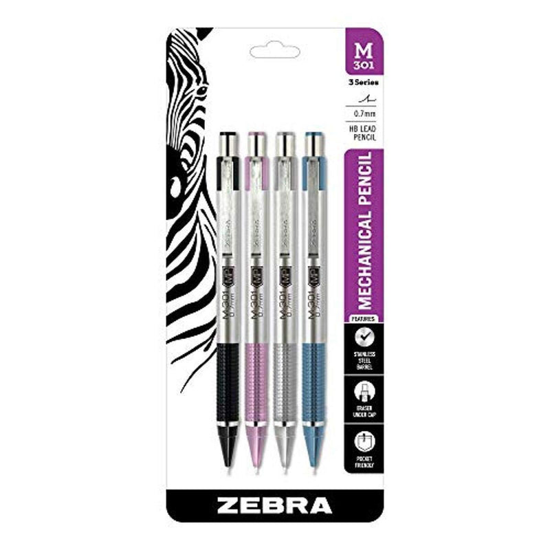 Zebra Pen M-301 Stainless Steel Mechanical Pencil, Premium Metal Barrel in Assorted Colors, Medium Point, 0.7mm, 4-Pack