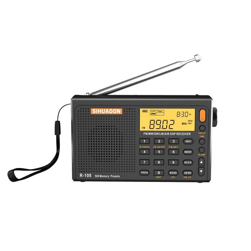 SIHUADON R108 Portable Radio AM FM SW LW Airband Full Band DSP Stereo Radio Battery Operated with Headphone Antenna Jack Sleep Time and Alarm Clock 500 Memory Preset Good Gift for Parents by RADIWOW Black