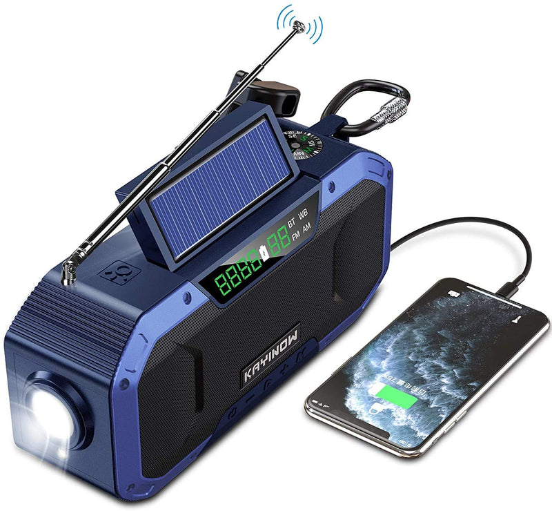 KAYINOW Emergency NOAA Weather Alert Radio - w/Bluetooth Speaker, IPX5 Waterproof, Hand Crank Solar Radio AM FM, 5000mAh Battery Backup, Portable for Home Camping Survival,SOS,Phone Charger,Flashlight Blue