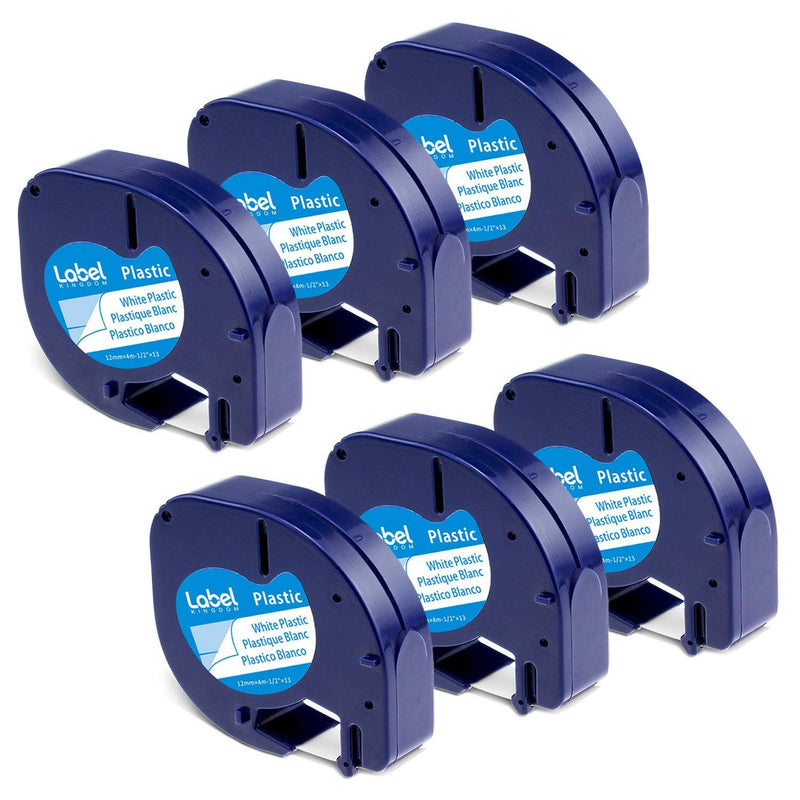 Label KINGDOM Compatible Label Tape Replace for DYMO 91331 LetraTag Label Maker Refills for Letra Tag Plus LT100H LT100T, 1/2" x 13'( 12mm x 4m) Black Print on White Plastic Labeling Tape , 6-Pack