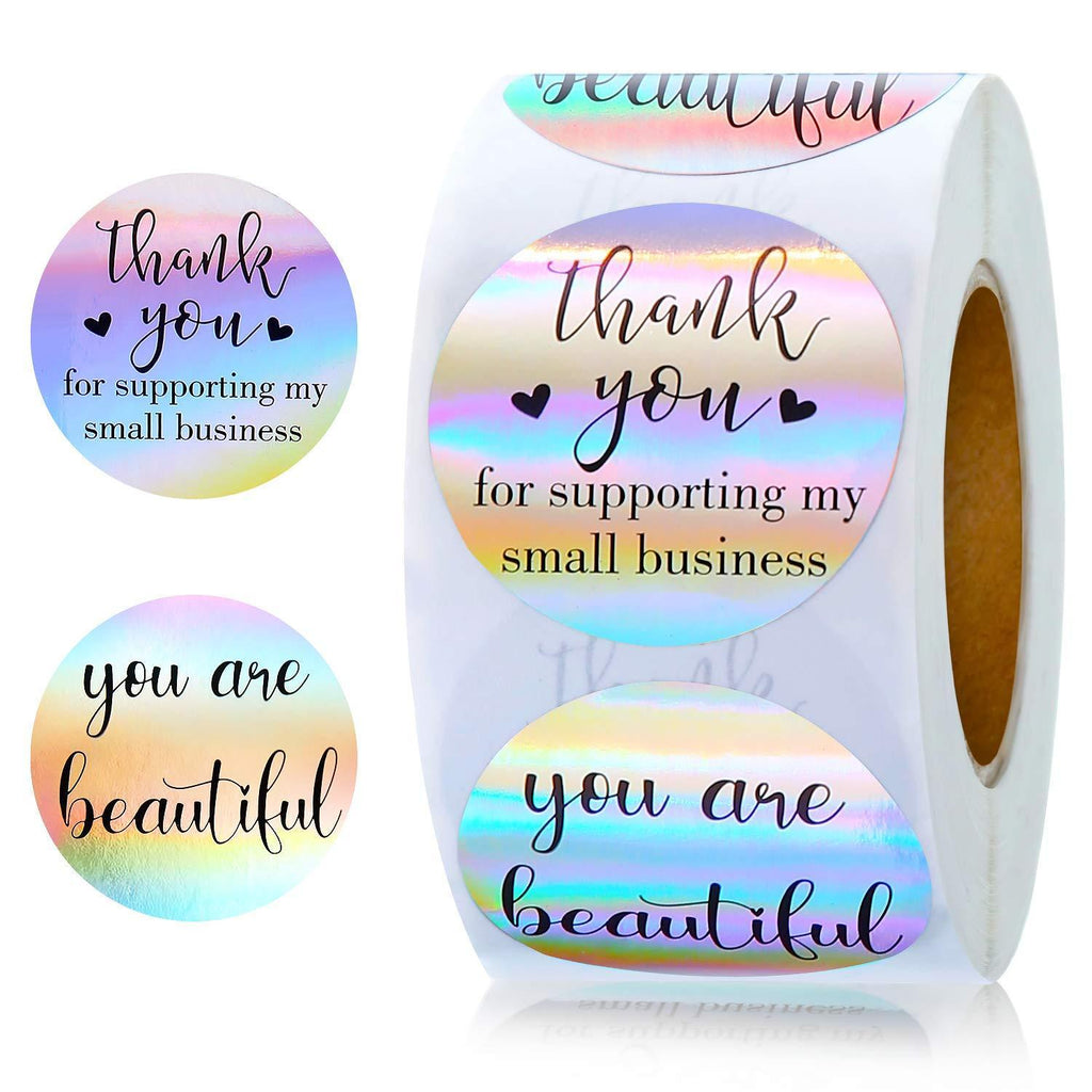 500 Pieces Thank You for Supporting My Small Business Stickers Round Shape Rainbow Stickers Adhesive Holographic Stickers Lash Label Stickers for Business Boutiques Supplies