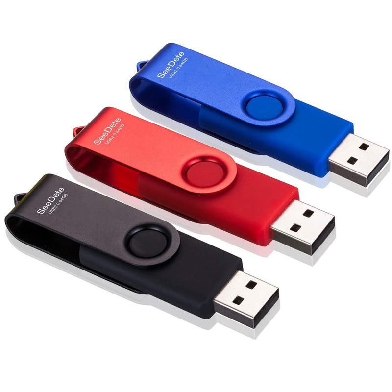 SeeDete 64GB USB Flash Drives, USB Stick, Thumb Drive Rotated Design, Memory Stick with LED Light for External Storage and Backup Data, Jump Drive, 3 Pack 64GB (3 Colors: Black Red Blue) 64GB-3Pack