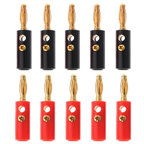 VizGiz 10 Pack Banana Plugs for Speaker Wire DIY Soldering-Free Closed Screw 4MM Gold Plated Banana Speaker PIN Plug Connectors Adapter for Amplifier Audio Cable (5 Black+ 5 Red)