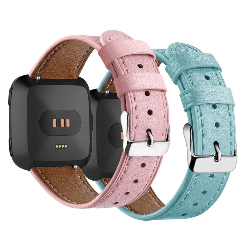 2 Pack BOTNUW Leather Bands Compatible with Fitbit Versa 2 Bands/Versa Bands/Fitbit Versa SE/Versa Lite Wristbands Fitness Smart Watch, Soft Replacement Leather Strap Bands for Women Men green&pink