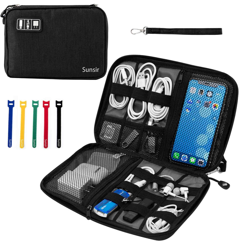 Travel Cable Organizer Bag Waterproof Portable Electronic Organizer for USB Cable Cord Phone Charger Headset Wire SD Card,5pcs Cable Ties Orange/Gray (Black) Black