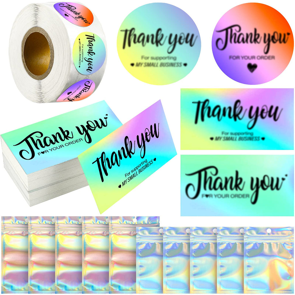 1120 Pieces Thank You for Supporting My Small Business Card Set, Include Thank You for Your Order Card with Thank You Label Sticker and Holographic Resealable Bag for Boutiques Online Retail Store