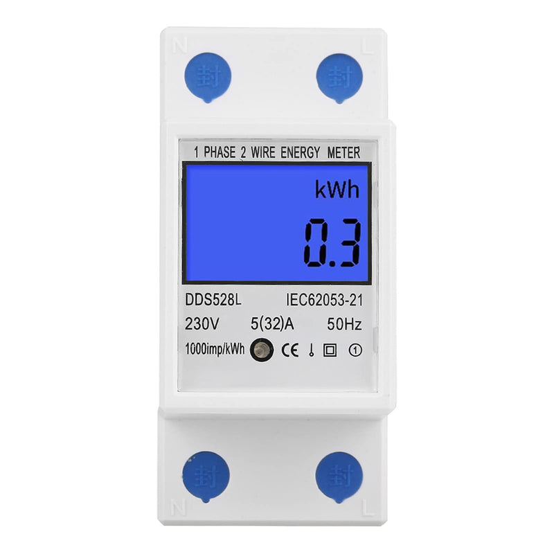 Electric Energy Meter, 5-32A 110-230V AC 50(60) Hz Single Phase Multi Function Watt Hour Meter with Multi Value LCD Display, Multipurpose KWh Voltage Current Power Meter, 35mm DIN Rail Mount