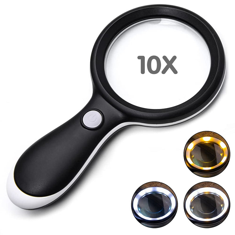 Magnifying Glass with Light,10x Handheld Magnifying Glass with Light,18 Led Illuminated Magnifiers，Lighted Magnifying Glass with 3 Modes，Seniors Reading，Macular Degeneration, Inspection, Coins， Black and White