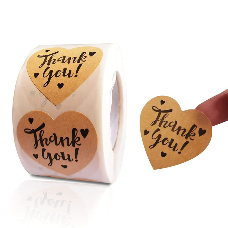 Thank You Heart Stickers Roll, 1.5 inch Thank You Stickers Brown Kraft Paper, 500p/Roll, Small Business, Party Decorative Sealing Labels Stickers(Heart Thank You Stickers 500Pcs/Roll) Heart Thank You Stickers 500pcs/Roll