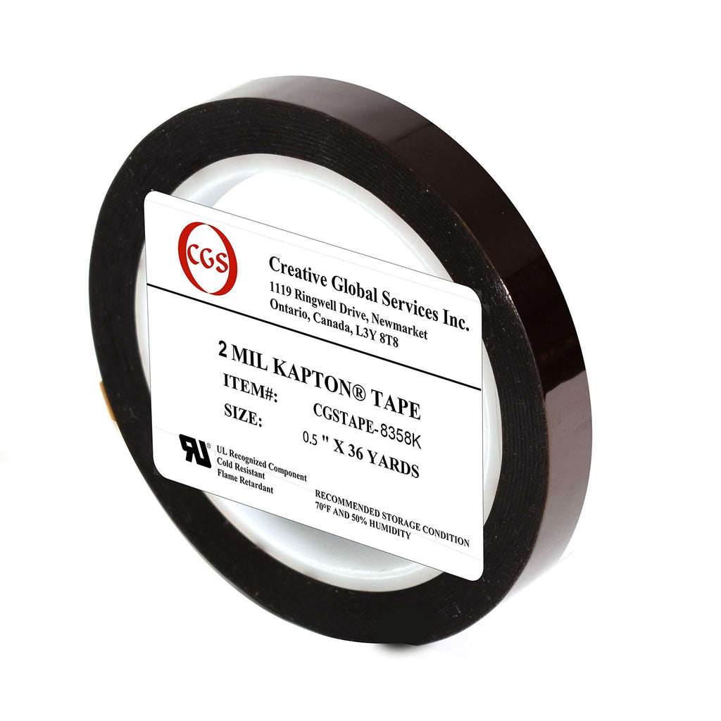 CGS, 2 Mil Dupont Kapton Tape. High Temperature Heat Tape, UL 510 Flame Retardant, Clean Removal. 0.5" x 36 Yards 0.5'' 2 mil Dupont Kapton®