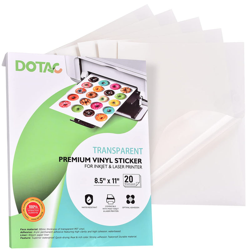 DOTAC Printable Clear Sticker Paper 20 Sheets Transparent Clear Waterproof Decal Paper, Self-Adhesive Labels Crafts, Dries Quickly Tear Resistant for Inkjet & Laser Printer