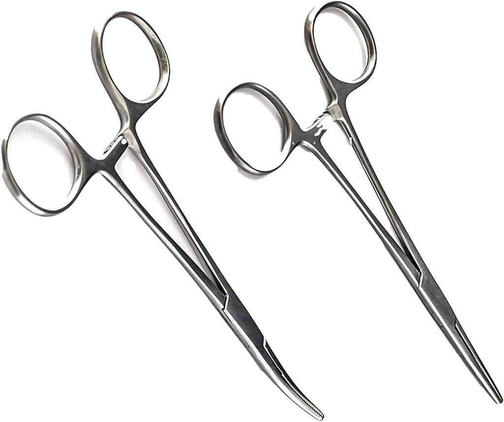 2 pcs Fishing Clamp Set 5" Straight and Curved Hemostat Forceps Locking Tweezers Clamp Stainless Steel Silver