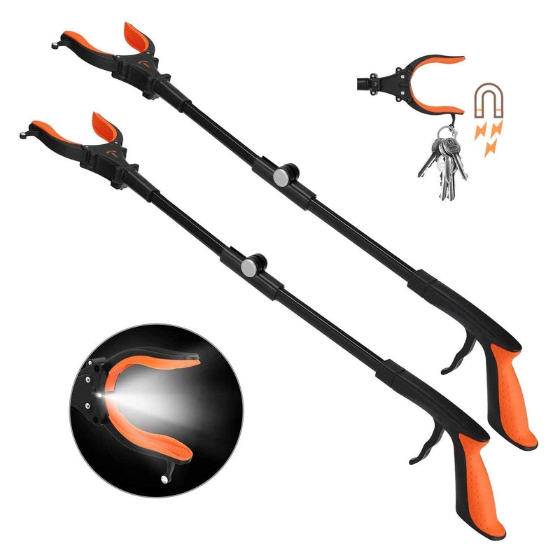 2-Pack Foldable Grabber Reacher Tool with Light, 32 Inch Trash Picker Grabber, Reacher Claw Grabber for Elderly, 90°Rotating Anti-Slip Jaw, Durable Stick, Magnet Hook Orange