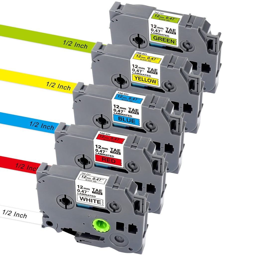 Compatible Label Tape Replacement for Brother Label Maker Tape TZE 1/2 Inch TZE231 TZE431 TZE531 TZE631 TZE731 (White/Red/Blue/Yellow/Green), for Brother PT-H111 PTD200 PT-D400AD PTD450