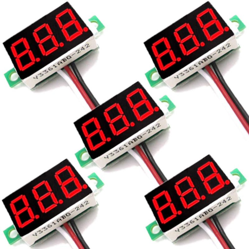(5 Pack) JacobsParts DC 0-30V 3-Wire Voltmeter 3-Digit LED Display Panel Volt Meter Digital Voltage Tester (Red) Red