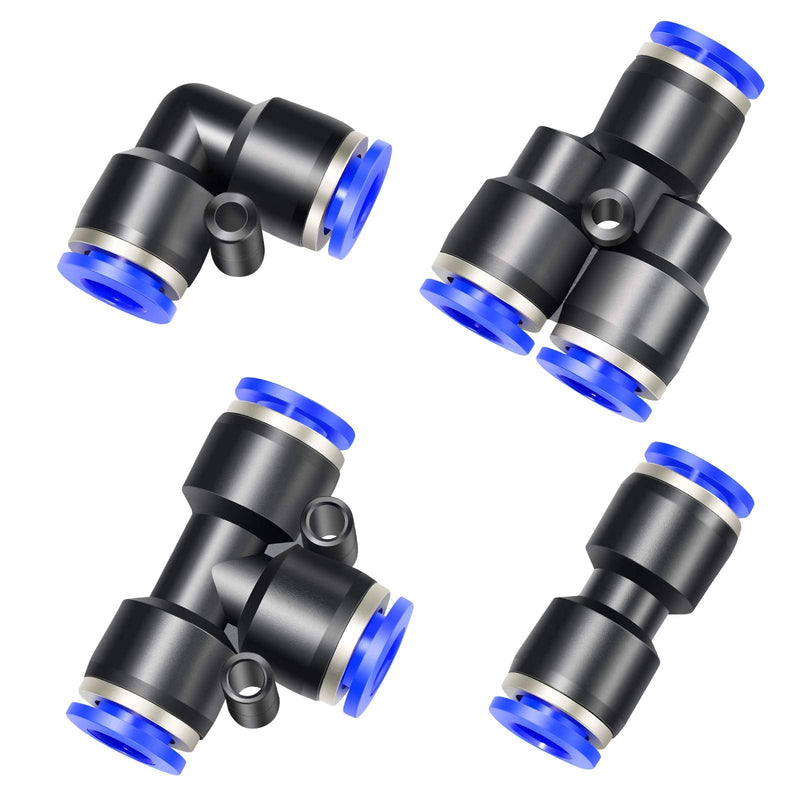 TAILONZ PNEUMATIC 1/4 Inch od Push to Connect Fittings Pneumatic Fittings Kit 2 Spliters+2 Elbows+2 tee+2 Straight (8 pcs) 1/4"OD Blue 8