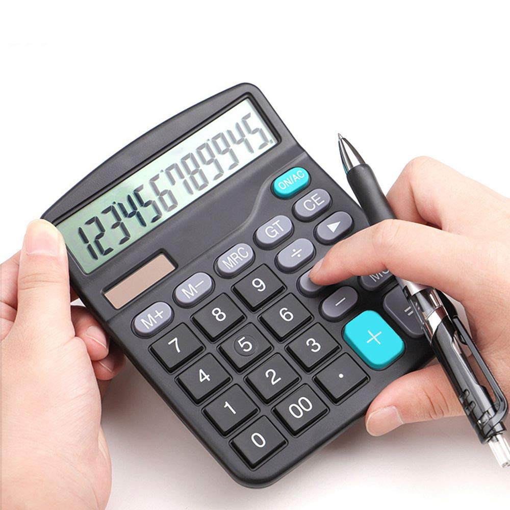 Calculator, 12-Digit Solar Cell Office Calculator with Large LCD Display, Large Sensitive Buttons, Dual Power Desktop Calculator (Black)