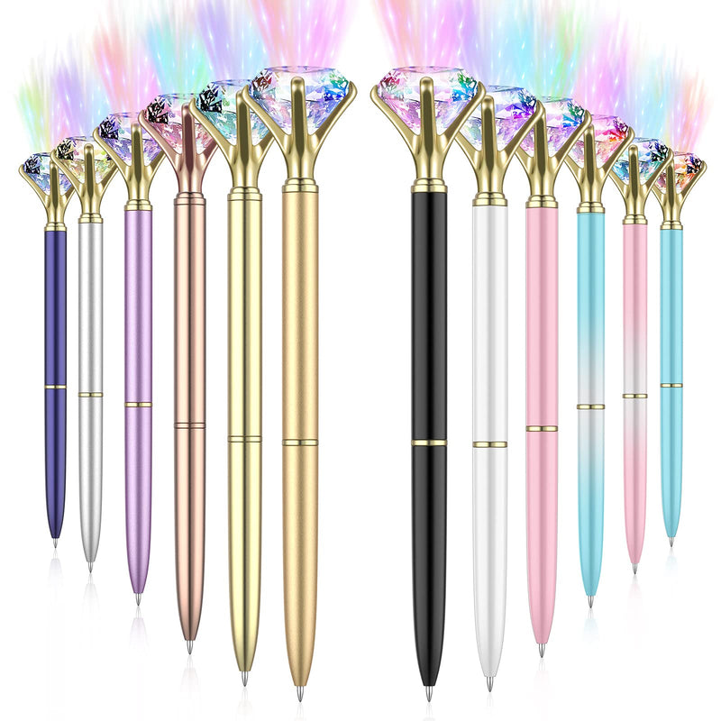 12 Pieces LED Diamond Pen Light Up Diamond Ballpoint Pen Bling Rhinestone Metal Pen Crystal Black Ink Pens for Wedding, Birthday, Bridal Shower, Home (Multicoloured, Simple Style) Multicoloured