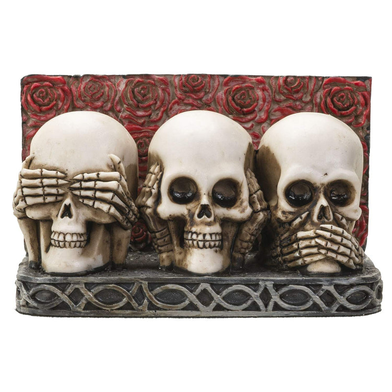 Skull Business Card Holder for Desk, Hand Painted See Hear Speak No Evil Gothic Desktop Name Cards Display Organizer, 3 3/4"L x 2 1/8"H