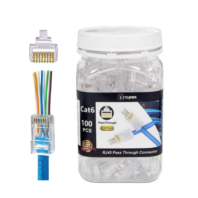 EZYUMM 100 Pieces RJ45 Cat6 Pass Through Connectors Gold Plated Ethernet Modular UTP Plug Connector Ends for 24 AWG Cable 100PCS CAT6 CONNECTORS