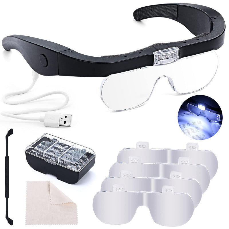 Head Magnifying Glass with Light Rechargeable Headband Magnifier for Close Work Interchangeable Lenses 1.5X 2.5X 3.5X 5X for Jeweler Loupe, Arts and Crafts, Hobby (Black) Black