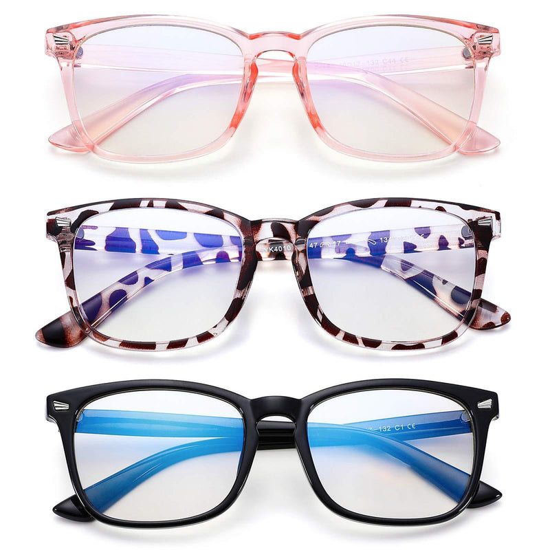 Blue Screen Glasses for Kids, COASION 3 Pack Blue Light Blocking Glasses for Girls Boys, Computer Gaming Fake Eyeglasses Anti Eyestrain (Leopard + Clear Pink + Black)
