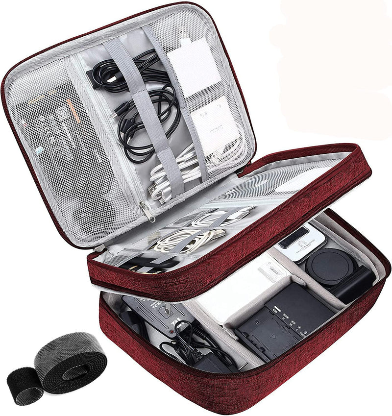 Electronic Organizer Travel Universal Cable Organizer Electronics Accessories Cases for Cable, Charger, Phone, USB, SD Card,1Pack Red Triple Layer /11.02" x 8.27" x 3.94"