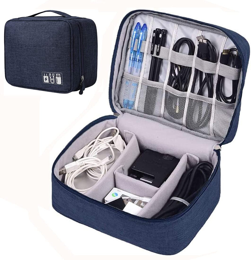 Electronic Organizer Travel Universal Cable Organizer Electronics Accessories Cases for Cable, Charger, Phone, USB, SD Card,1Pack Blue Double Layer/10.03" x7.48" x 3.54"
