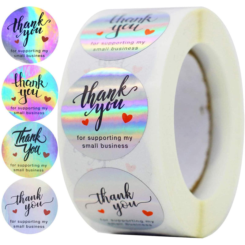 1 Roll Thank You Stickers, 500 Pcs Rainbow Round 4 Designs Thank You for Supporting My Small Business Stickers Labels for Greeting Cards, Flower Bouquets, Gift Wraps, Tags, Mailers Bag