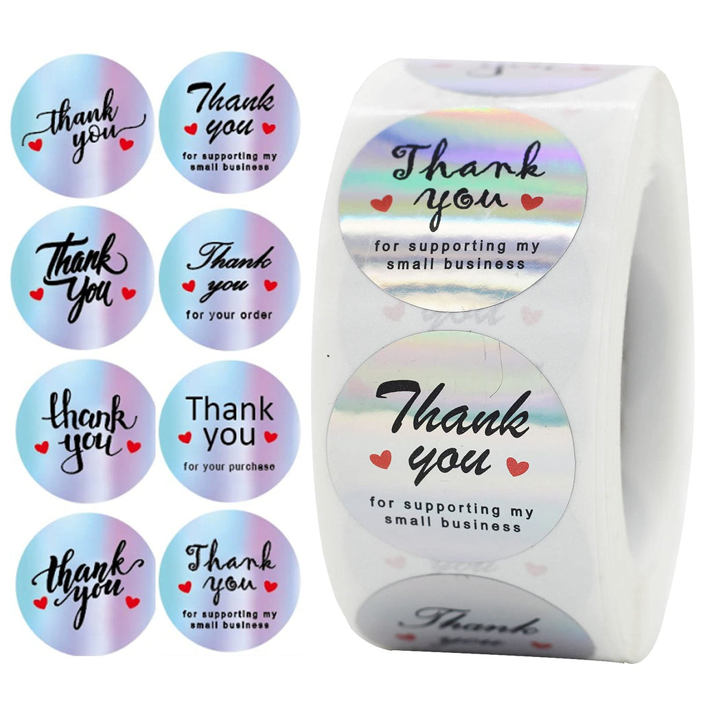 HLZDS Thank You Stickers Roll 500pcs 1" Thank You for Supporting My Small Business Stickers with 8 Designs Holographic Thank You Stickers Labels Thank You Small Business Stickers for Packages