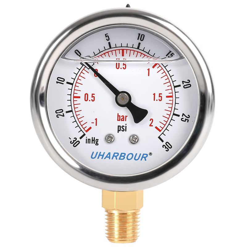 UHARBOUR Glycerin Filled Vacuum Pressure Gauge, 2-1/2" Clear dial,1/4"NPT Bottom Connection, Stainless Steel Case, Brass Movement, Dual Scales -30HG/30PSI （-30HG/30PSI） Lower Mount