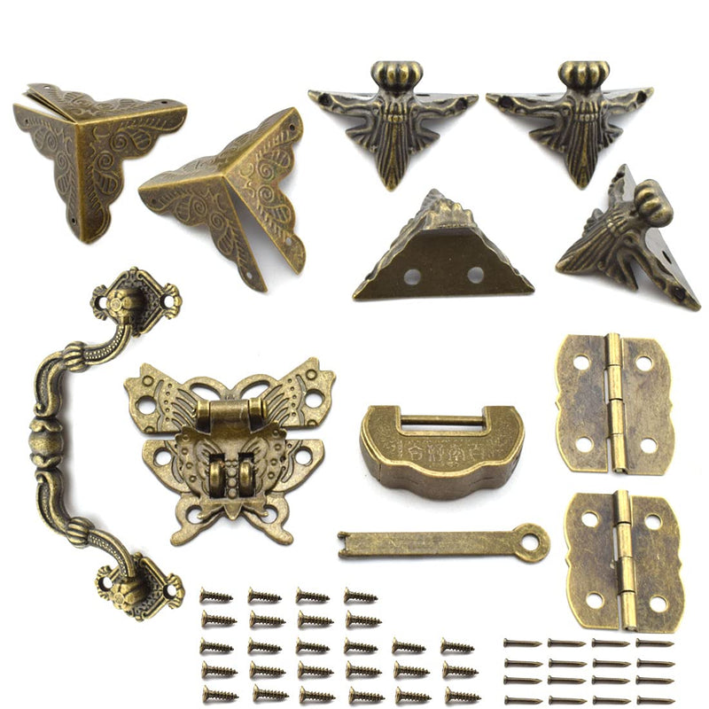 SDTC Tech 13-Pack Retro Jewelry Box Hardware Kit Includes Hasp Latch Padlock Hinges Corner Protectors Pull Handle and Supporting Feet, Bronze Tone