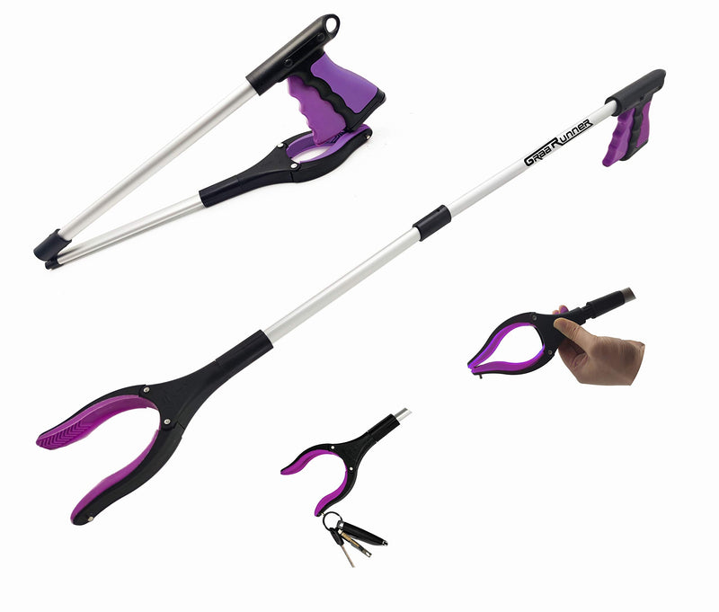 GrabRunner Reacher Grabber 32" Foldable Pickup Tool, Lightweight Aluminum Reaching Aid with Rotating Rubber Gripper, Long Arm Extender for Elderly, Litter Trash Picker, Garden Nabber （Purple）