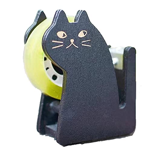 Tape Dispenser, Cute Cat Vintage Wooden Kitty Tape Cutter with 1 Roll Tape for Home Office Desktop Accessory for Students Girls Boys Black