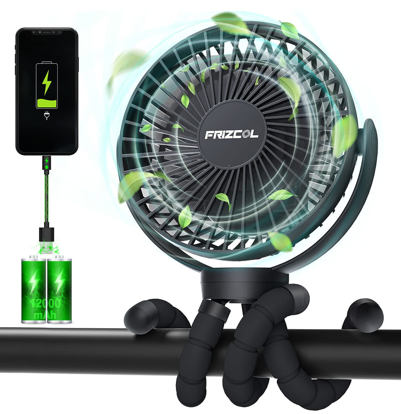 Portable Stroller Fan, Use As Power Bank, 55H 12000mAh Battery Operated Fan Flexible Tripod Baby Car Seat Fan, Personal Mini Handheld/Desk/Small Clip On Fans For Stroller, Carseat, Beach, Bed, Camping Black
