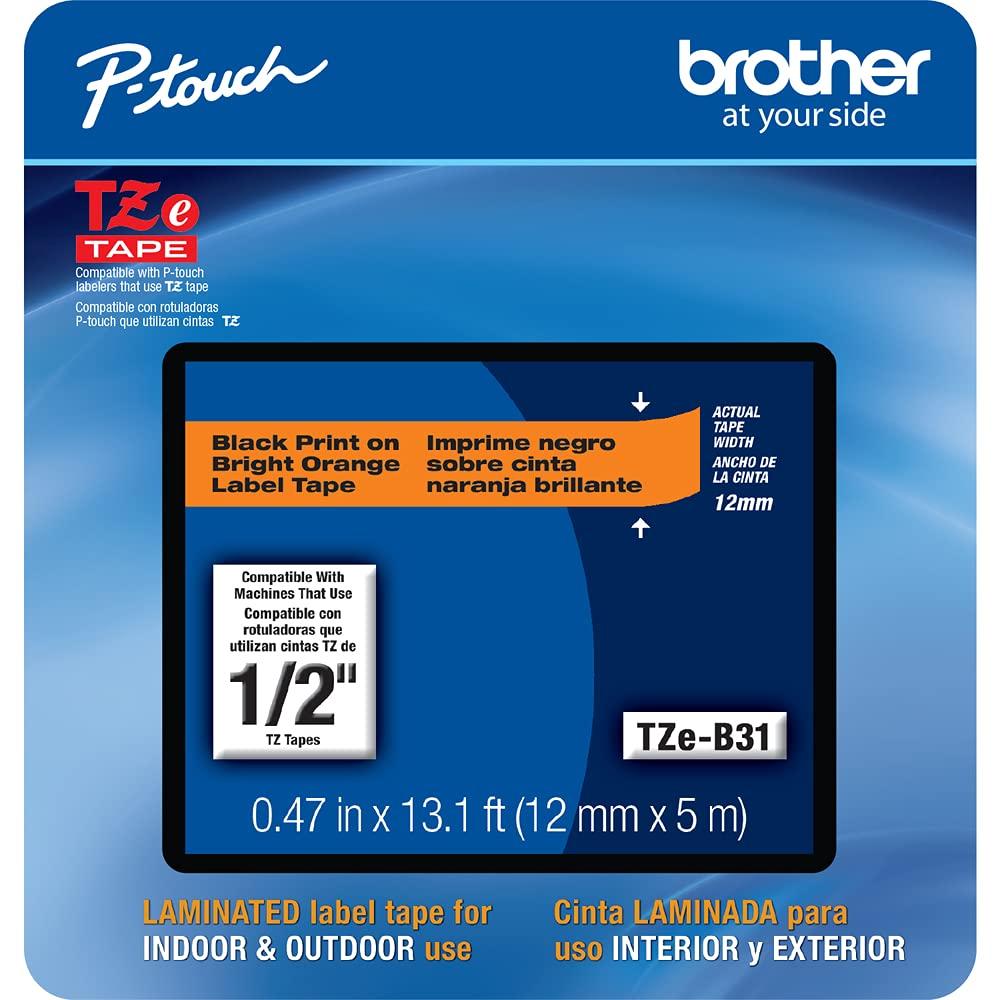 Brother Genuine P-touch, TZe-B31CS, 0.47” x 16.4’, Black on Fluorescent Orange Laminated Label Tape Black on Orange