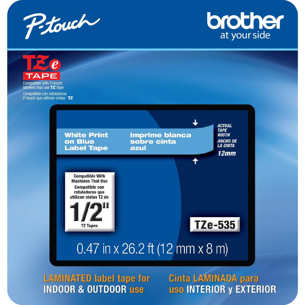 Brother Genuine P-touch, TZe-535CS, 0.47” x 26.2’, White on Blue Laminated Label Tape