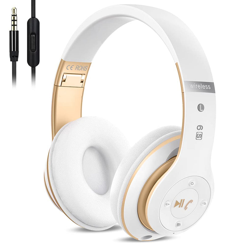 6S Wireless Bluetooth Headphones Over Ear, Hi-Fi Stereo Foldable Wireless Stereo Headsets Earbuds with Built-in Mic, Volume Control, FM for iPhone/Samsung/iPad/PC (White & Gold) White &Gold