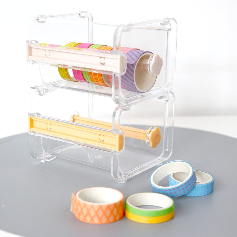 SQian 2 Pack Transparent Visible Desktop Multi Washi Tape Dispenser, Desktop Acrylic Roll Tape Storage Box Holder Organizer Cutter for Office Tape DIY Sticker(Not Include Tape)(Beige/Yellow)