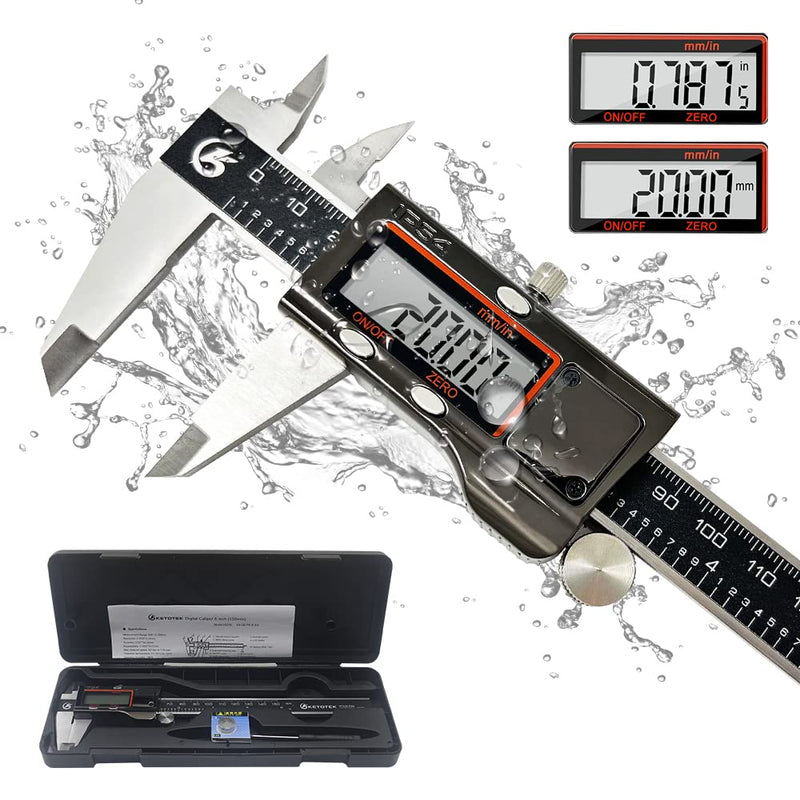 KETOTEK Digital Caliper Measuring Tool, IP54 Waterproof Stainless Steel Electronic Vernier Caliper 6 Inch/150mm Digital Micrometer with Large LCD Screen IP54 Stainless steel